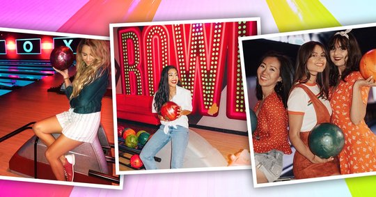 collage of three images, each featuring girls bowling. 