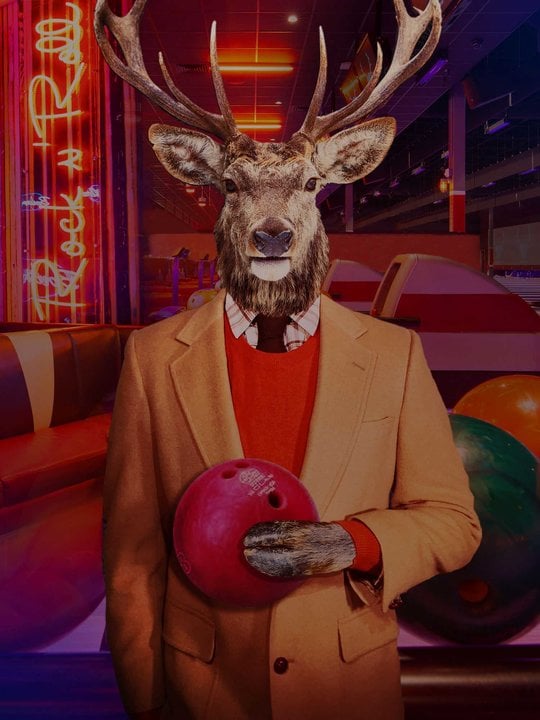 Collage of images of an illustration of a deer holding a bowling ball wearing a suit, neon signs that say BOWL, and bowling alleys