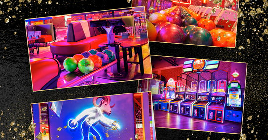 collage of bowling lanes and arcade photos