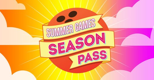 Logo: Summer games Season Pass written on a bowling ball with a sunset sky background and clouds